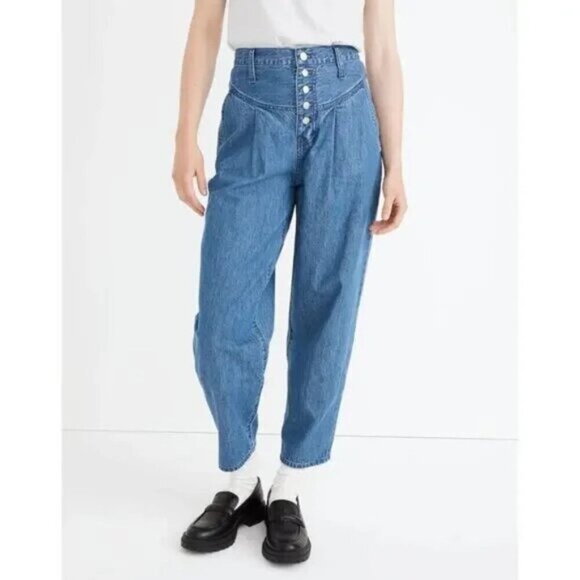 MADEWELL Tapered Yoke High Rise 80s Button Fly Jeans Size 25 Blue Steinbeck Wash - Picture 1 of 7
